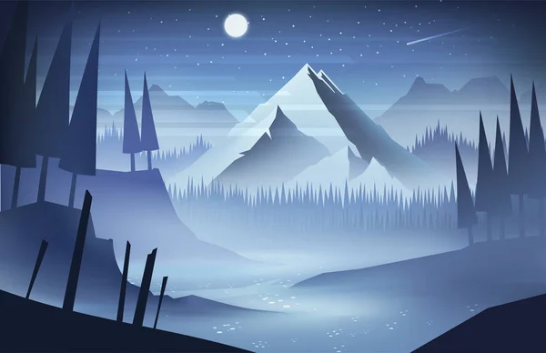 Night Mountains Landscape Stars Moon Sky — Stock Vector