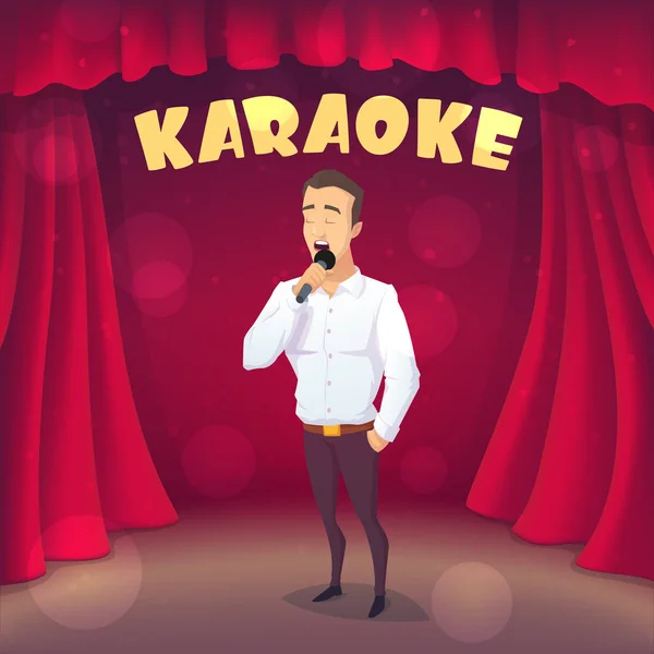 Tipo Musculoso Cantando Karaoke Escena Estilo Dibujos Animados Ilustración Vectorial — Vector de stock