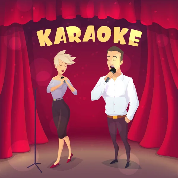 Tipo Muscular Con Chica Rubia Cantando Karaoke Escena Estilo Dibujos — Vector de stock