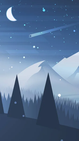 Зимний Пейзаж Горами Ночью Векторная Иллюстрация — стоковый вектор