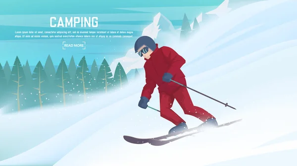 Winter sports - alpine skiing. Cartoon skier running downhill. Sportsman ski slope down from the mountain