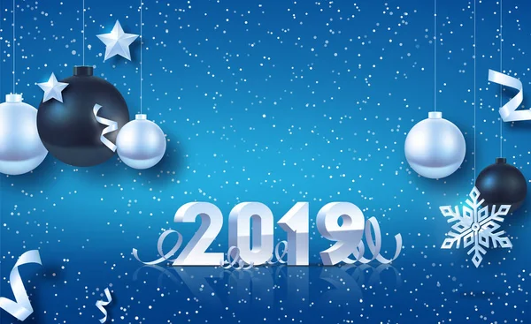 新年快乐2019 数字与丝带和五彩纸屑在白色背景 银色和黑色的圣诞球 银色的星星和巨大的银色雪花 矢量插图 — 图库矢量图片