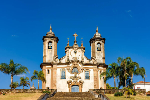 Front view of historic 18th century church in colonial architecture in the city of Ouro Preto in Minas Gerais, Brazil