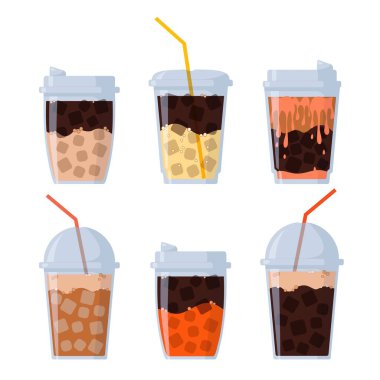 Buzlu kahve içilen tek kullanımlık bardaklar. Menüler, çıkartmalar, iğneler, ikonlar ve diğer web ve baskı tasarımları için mükemmel. El çizimi vektör çizimleri beyaz bir arkaplanda izole edilir.