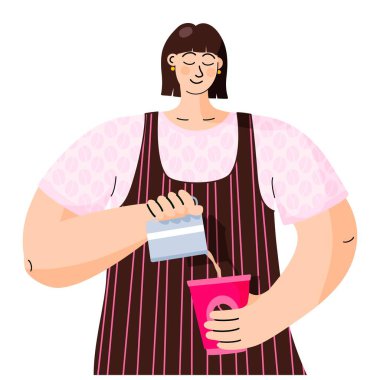 Kahve hazırlayan kadın baristanın bir fincana süt dökerek resmedilmiş hali. Kafe ve kafe menülerinin yanı sıra diğer internet ve baskı tasarımları için ideal. El çizimi vektör beyaz renkte izole edildi.
