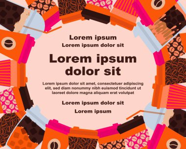 Çeşitli kullan-at kahve fincanlarının canlı bir arka plan çizimi, bir metin tutacağı ile. Pankartlar, broşürler, kapaklar, tebrik kartları, davetiyeler, posterler ve diğer tasarım şablonları için ideal. 
