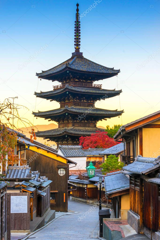 Yasaka Pagoda with sunrise. in Kyoto,Japan.This pagoda is a five-story pagoda.This is the last remnant of Hokanji Temple.