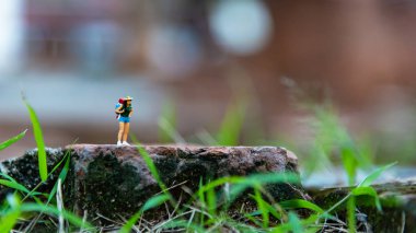 Dünya çapında turist ve macera için ormanda duran minyatür gezgin ve yürüyüşçu sırt çantası. Seyahat cONCEP