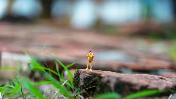 Sac Dos Miniature Voyageur Randonneur Debout Dans Forêt Pour Touriste — Photo