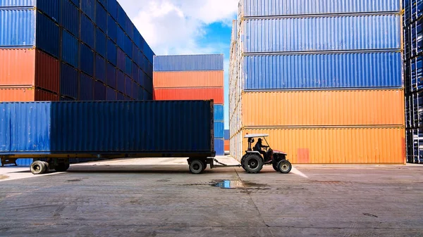 Yük konteyner kutu ve vinç köprü Tersanesi gündoğumu lojistik ithalat ihracat background.container yard işlemi için çalışan ile konteyner kargo yük gemisi işleme forklift. 