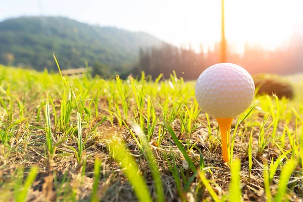 Golfové Míče Zelené Trávě Poblíž Nadhazovat Sportovní Koncepce — Stock fotografie