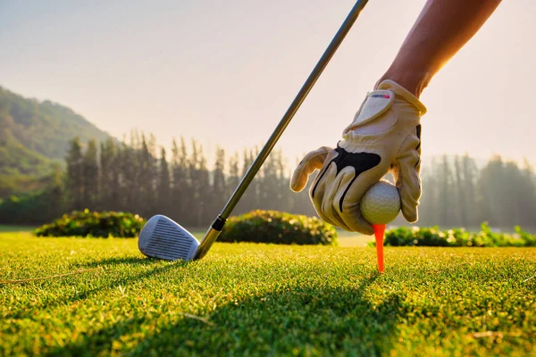 Close Ruční Asijské Žena Uvedení Golfový Míček Tee Holí Golfovém — Stock fotografie