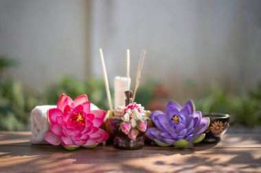 Spa masajı topları, tahta üzerinde bitki topu ve treaments kaplıcası.