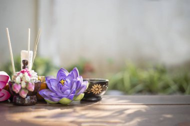 Spa masajı topları, tahta üzerinde bitki topu ve treaments kaplıcası.