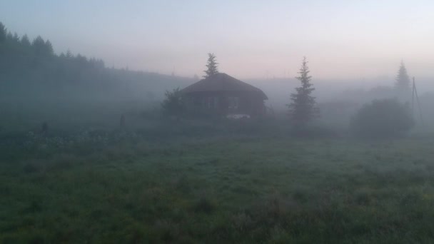 Casa abandonada y árbol en la niebla — Vídeo de stock