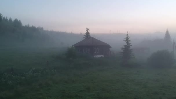 Заброшенные дом и дерево в тумане — стоковое видео
