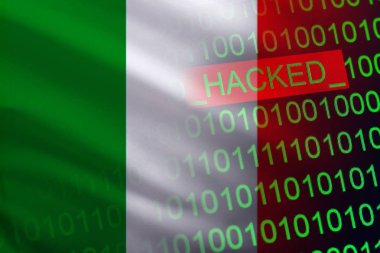 İtalya devlet güvenlik kesmek. Finans ve bankacılık yapısı üzerinde Cyberattack. Gizli bilgileri çalmak. Bir bayrak ikili kod bir arka plan üzerinde.
