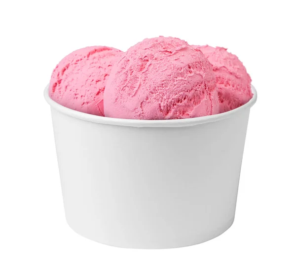 Helado rosa en taza de papel con sabor a fresa o frambuesa o cereza aislado sobre fondo blanco —  Fotos de Stock