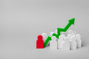 İş, lider verimli çalışması çivilenmiş çiğ takımda eseri. Grup lideri ve Yeşil ok up ile insan. Kavramı