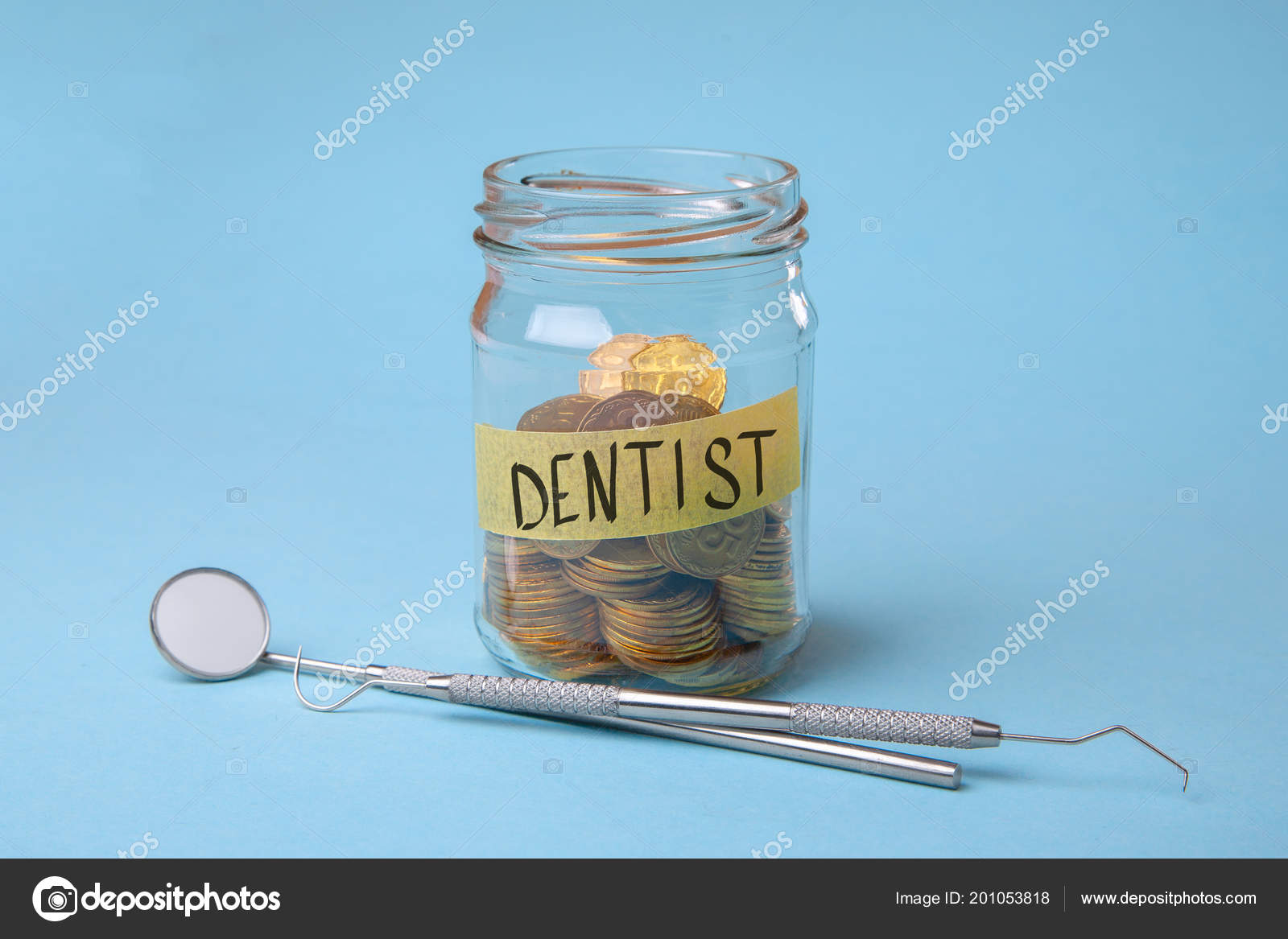 Expensive dental services. Glass jar with coins and dental instruments