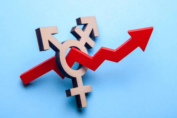 Símbolo de transgénero y flecha roja del gráfico de crecimiento en azul. Crecimiento de las personas con cambio de género — Foto de Stock
