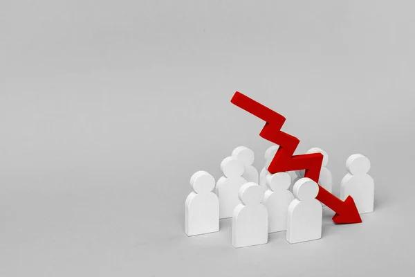 Bad team work, failure in business. The fall in profits and growth indicators. Group of workers and  pointing down arrow