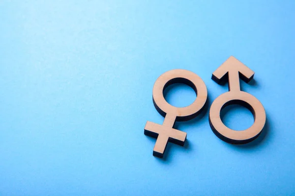 Гендерные символы мужчины и женщины дерева на синем фоне. Копирование пространства — стоковое фото