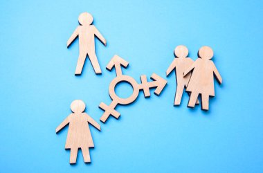 Transseksüel ve siluetleri bir adam ve kadın mavi ahşap sembolü