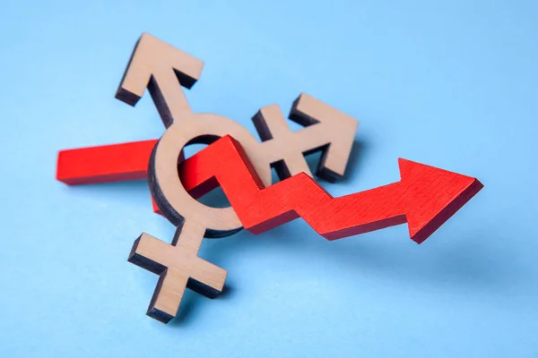 Символ трансгендера и красной стрелки графика роста на синем. Рост людей с изменением пола — стоковое фото