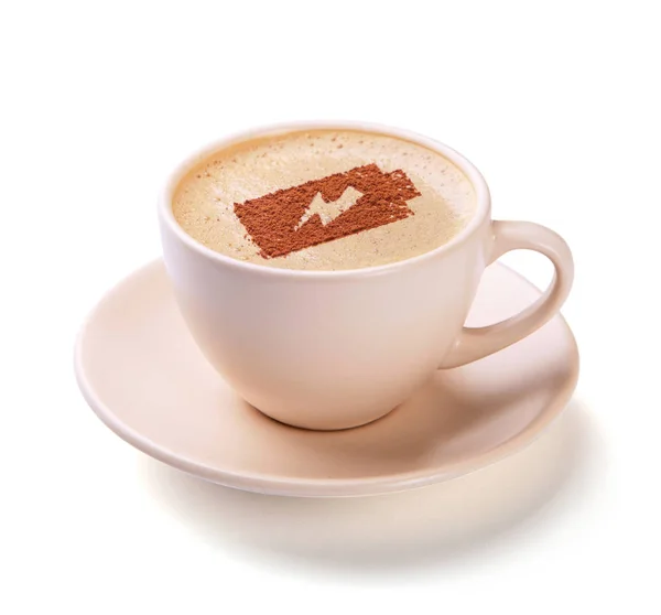 Kopp kaffe med batteriets energi på skum. Kaffe ger energi och glädje — Stockfoto