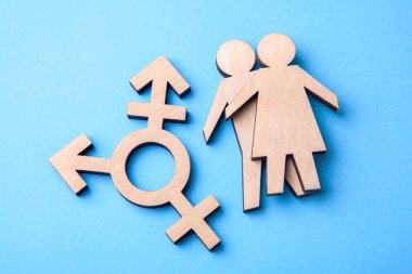 Transseksüel ve siluetleri bir adam ve kadın mavi ahşap sembolü