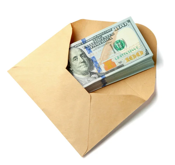 Beyaz arka plan üzerinde izole para zarfı. Bir rüşvet, yolsuzluk, yasadışı ücret bonus, Hediyelik kavramı — Stok fotoğraf