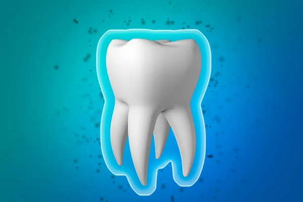 Protección dental. Escudo protector de la cáscara alrededor de un diente sano blanco sobre un fondo azul. 3d renderizado de dientes — Foto de Stock