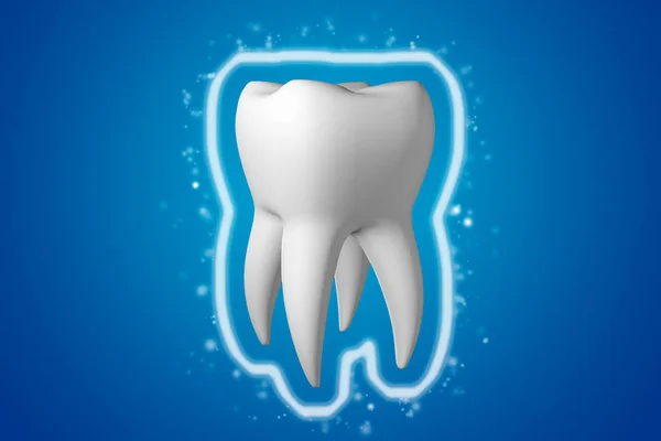 Protección dental. Escudo protector de la cáscara alrededor de diente sano blanco sobre fondo azul. 3d renderizar — Foto de Stock