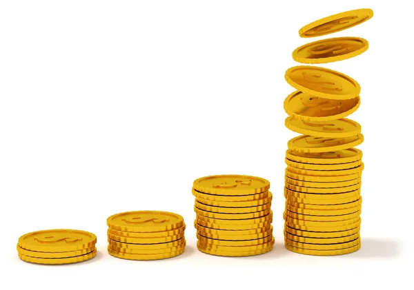 Montón de monedas escaleras. Caída de monedas de oro aisladas en blanco. 3d renderizar —  Fotos de Stock