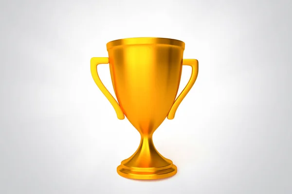 Award gouden cup winnaar op grijs met glanzende stralen. 3D render — Stockfoto