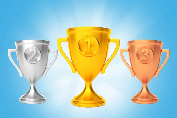 Zlato stříbro bronzový pohár vítěz ocenění modrá. 3D vykreslování — Stock fotografie
