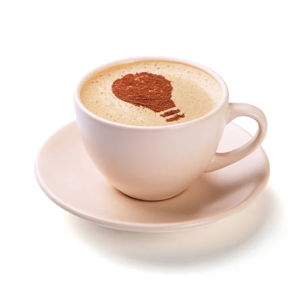 Tazza di caffè con l'idea simbolo di una lampadina sulla schiuma. Il caffè dà nuove idee e creatività — Foto Stock