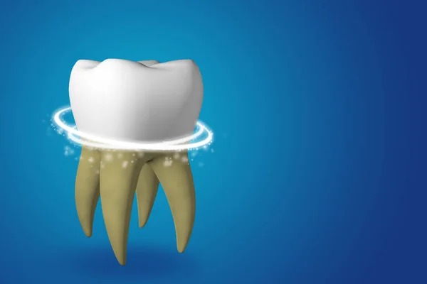 Teeth whitening. Yellow dirty tooth whitening and clears the magic line in a white healthy tooth on blue background. 3d render — Stock Photo, Image