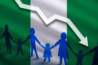 Nigeria flag background of the arrow chart down. Decrease in the number of the country's rape. Fertility below the measurement clipart