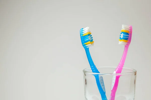 Two denture pink and blue in glass on gray background. The concept of toothbrushes for couple, joint residence — Stock Photo, Image