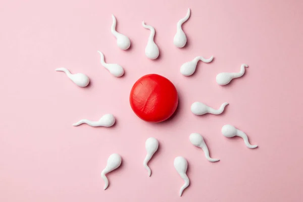 Los espermatozoides activos nadan hasta el óvulo sobre un fondo rosa. El concepto de embarazo, fertilización del óvulo —  Fotos de Stock