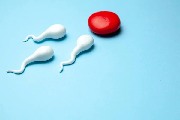 Active sperm cells swim to the egg on blue background. The concept of pregnancy, fertilization of the egg. Copy space for text — Stock Photo, Image