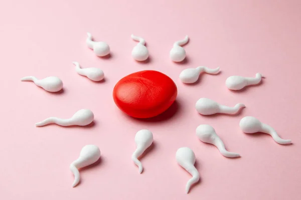 Os espermatozoides ativos nadam até o óvulo em um fundo rosa. O conceito de gravidez, fertilização do ovo — Fotografia de Stock