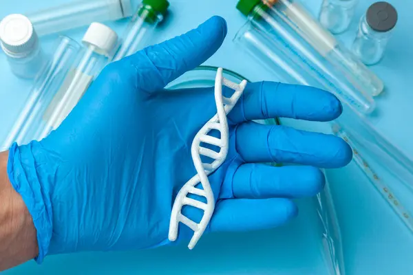 Pesquisa da hélice de ADN. Conceito de experiências genéticas em ADN de código biológico humano. Frascos e tubos de ensaio para instrumentos médicos . — Fotografia de Stock