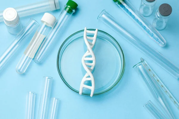 Pesquisa da hélice de ADN. Conceito de experiências genéticas em ADN de código biológico humano. Frascos e tubos de ensaio para instrumentos médicos . — Fotografia de Stock