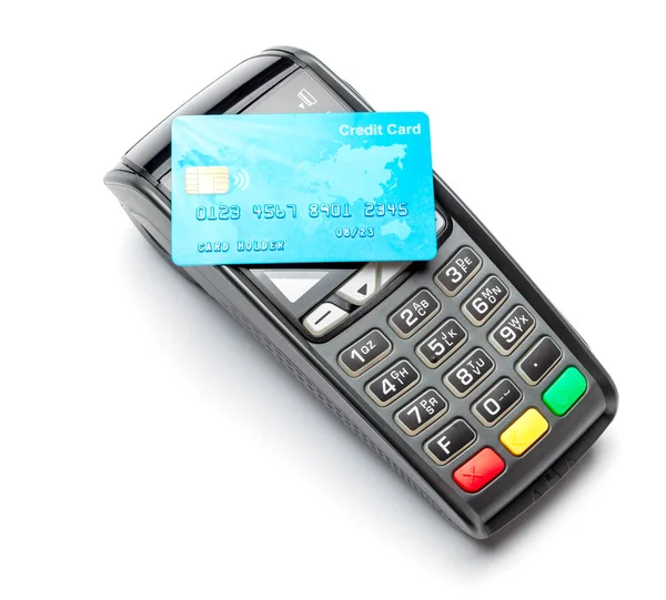 Pos Terminal, Zahlungsautomat mit Kreditkarte isoliert auf weißem Hintergrund. kontaktloses Bezahlen mit nfc-Technologie. — Stockfoto