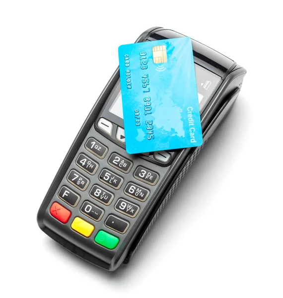 POS терминал, Платежная машина с кредитной картой изолированы на белом фоне. Бесконтактная оплата по технологии NFC . — стоковое фото