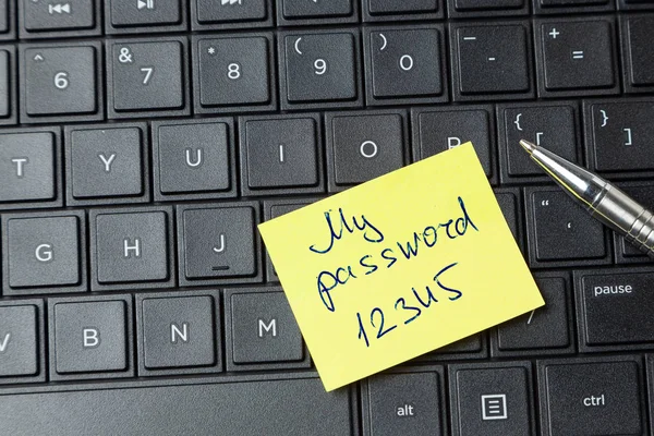Password security. Office sticker on the laptop keyboard