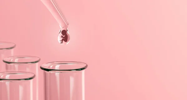 Τεχνητή γονιμοποίηση. Σωλήνα δοκιμής μωρό, εξωσωματικής γονιμοποίησης. Στην άκρη της πιπέτας πτώσης με σκιαγραφία του εμβρύου από το παιδί, που στάζει στο δοκιμαστικό σωλήνα. — Φωτογραφία Αρχείου